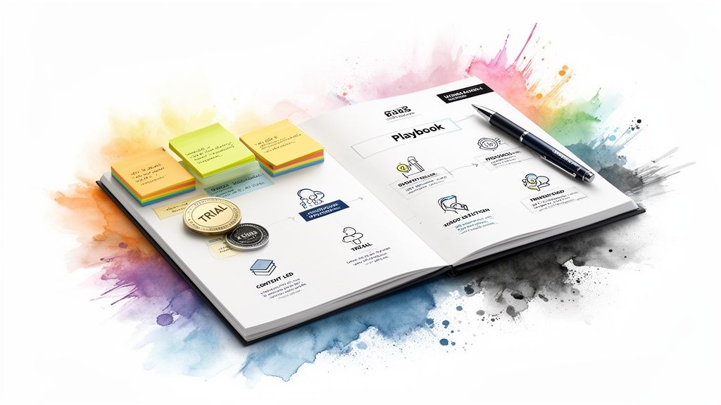 Detailed open playbook showcasing business strategies, sticky notes, and coins against a dynamic watercolor design.