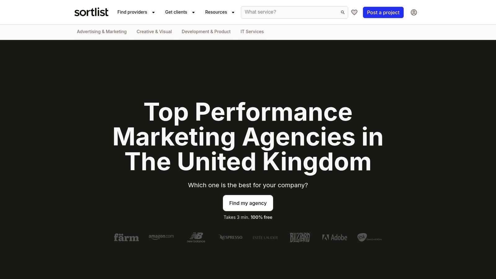 A screenshot of the Sortlist website, showing its agency search and filtering interface.