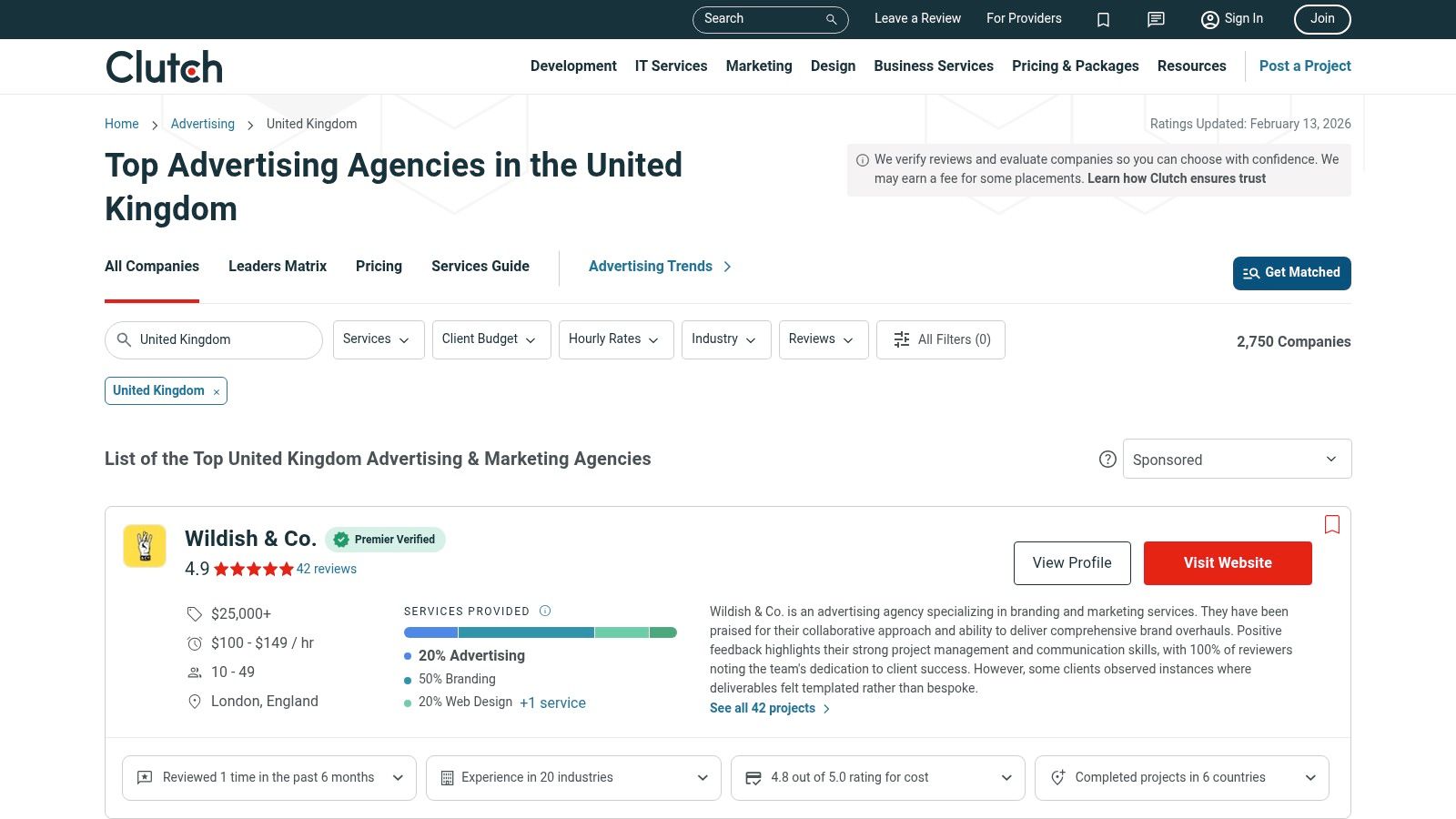 A screenshot of the Clutch website homepage, showing the search bar and categories for finding B2B service providers.