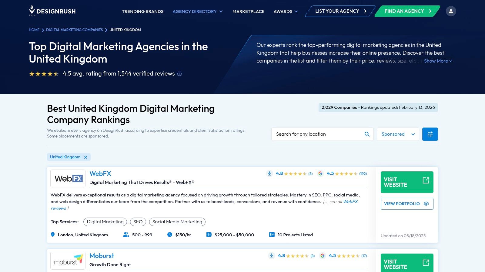 A screenshot of the DesignRush website, showing a ranked list of digital marketing agencies in the UK.
