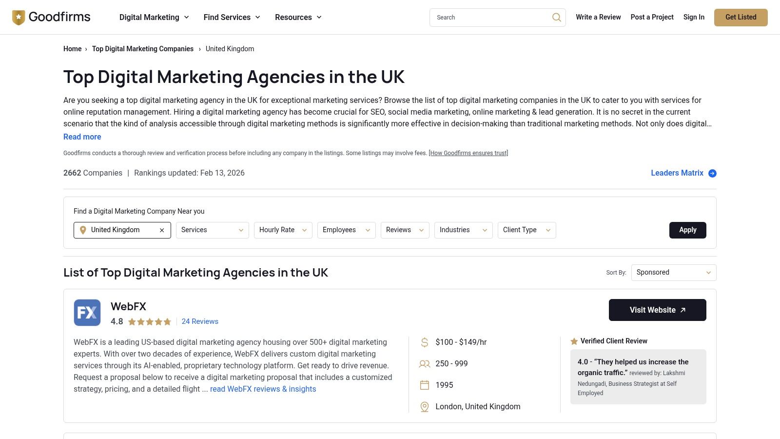 A screenshot of the GoodFirms website showing a list of top digital marketing companies, with filters for services, location, and reviews.