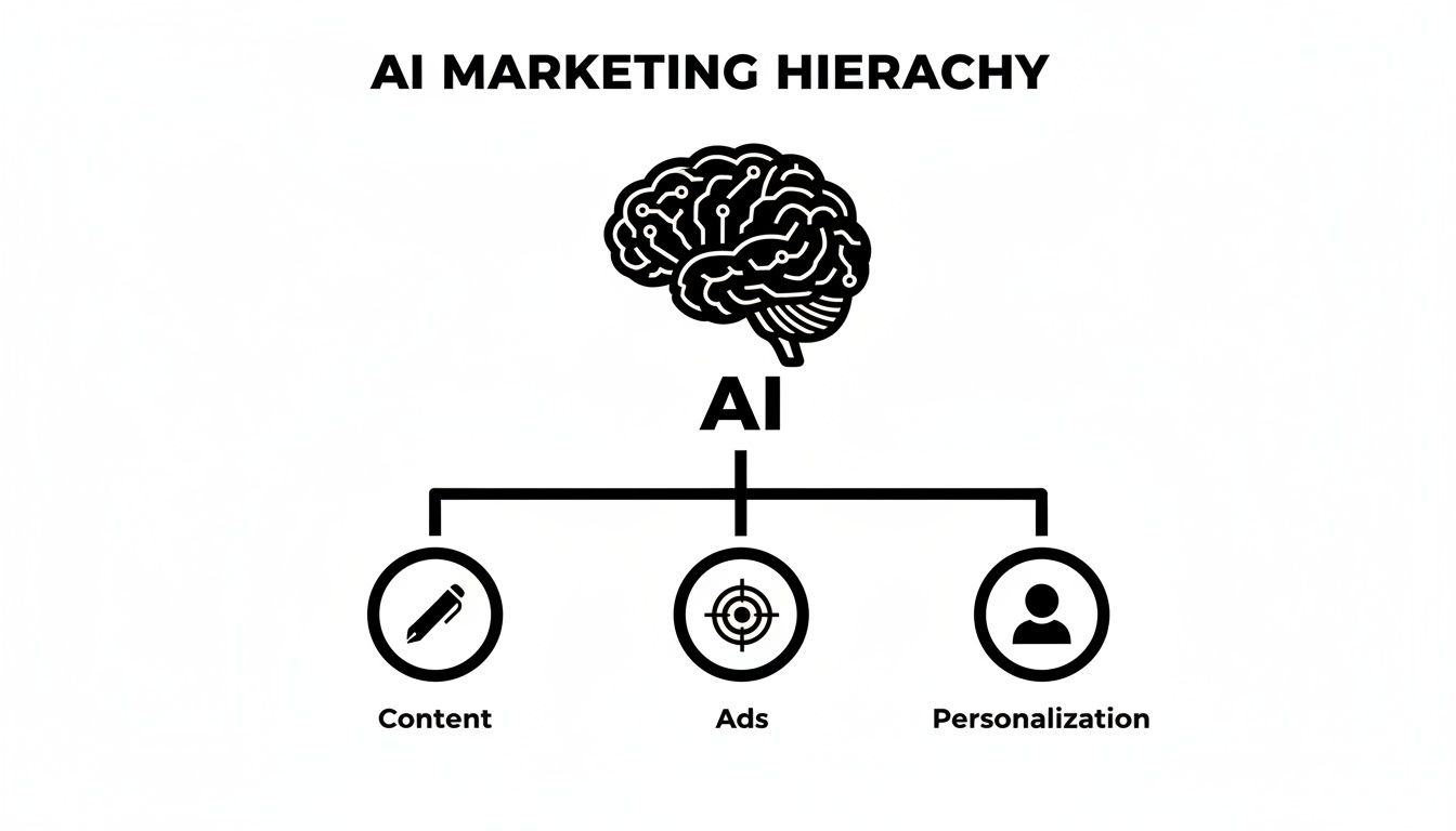 A diagram titled 'AI Marketing Hierarchy' showing a brain representing AI, connected to Content, Ads, and Personalization.