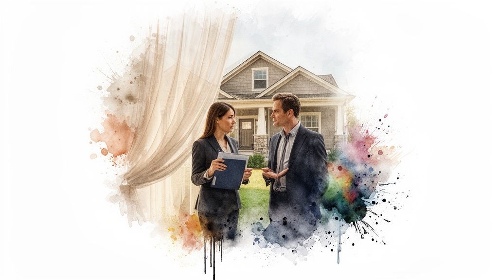Real estate agents discussing a property sale, featuring an artistic watercolor design.
