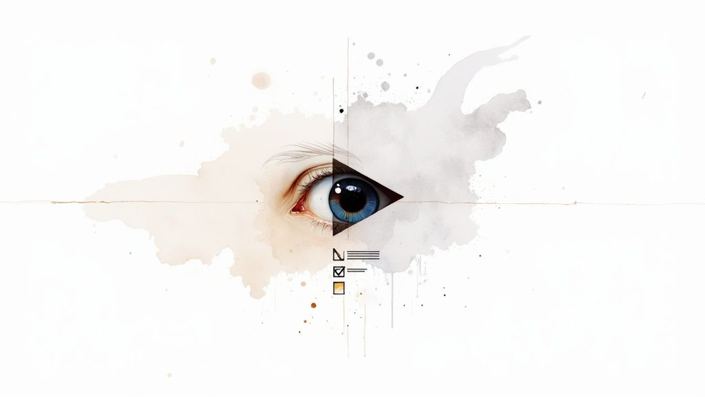 A stylized human eye with a blue iris, merging into a black play icon, surrounded by watercolor and a checklist.