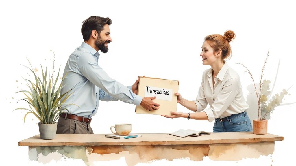 A real estate transaction coordinator and an agent shaking hands over a desk with organized paperwork, symbolizing effective delegation.