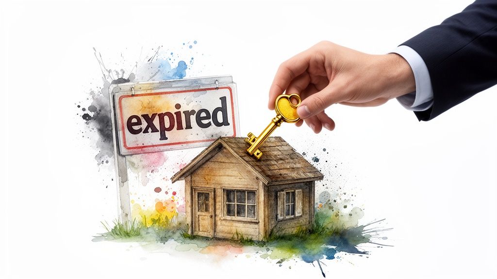 A hand holds a golden key over a small house next to an 'expired' sign, symbolizing an expired listing.