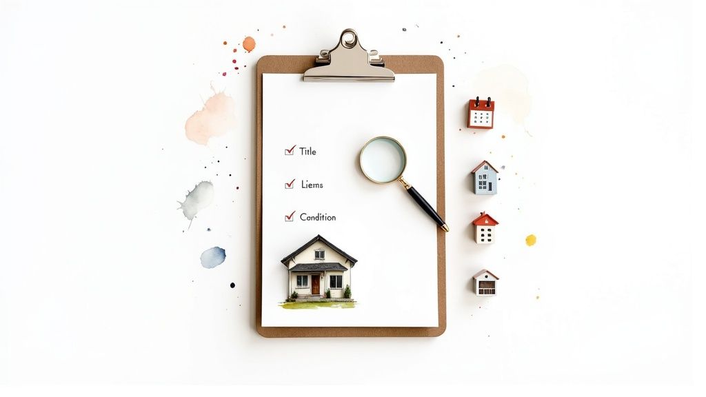 A clipboard with a real estate checklist, magnifying glass, house illustration, and miniature houses.