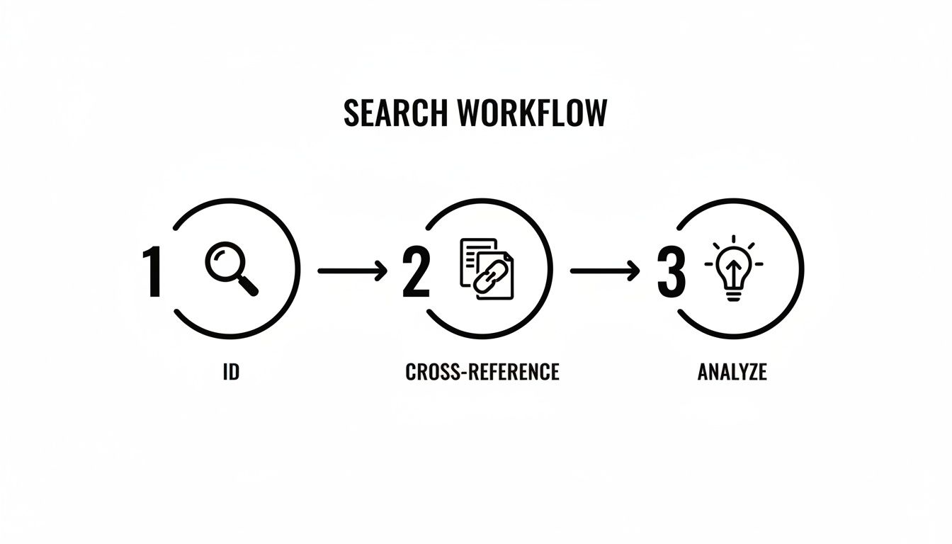 Visual diagram of a three-step search workflow: ID, Cross-reference, and Analyze.
