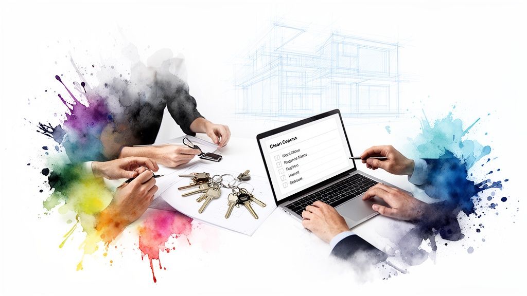 People collaborate on documents and a laptop with a house blueprint, keys, and colorful splashes.