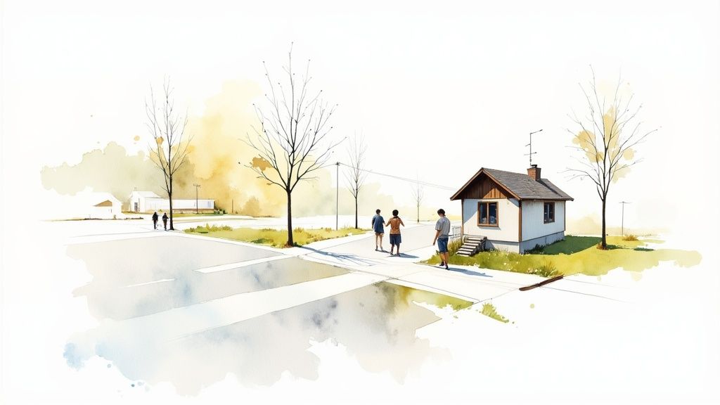 A watercolor painting of a suburban street scene with people walking, a small house, and bare trees.