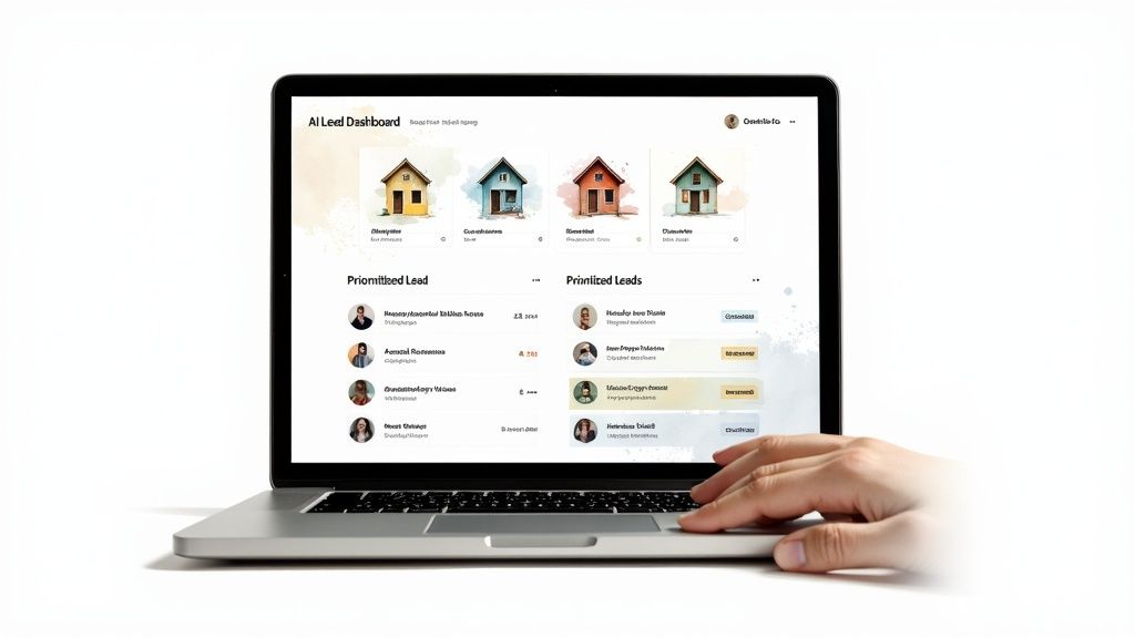 A hand interacts with a laptop displaying an AI Lead Dashboard for real estate agents, showing house icons and prioritized lead lists.