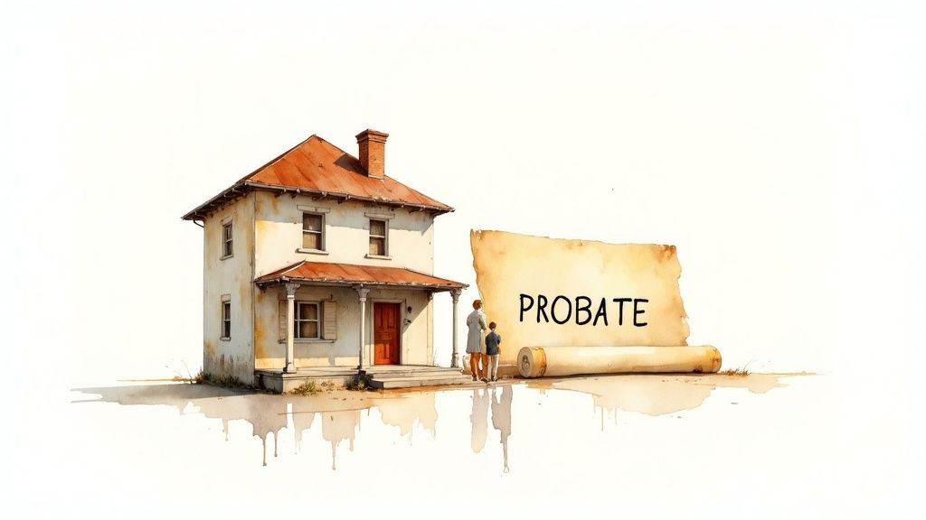 Watercolor illustration of a house with an adult and child, next to a 'PROBATE' scroll.