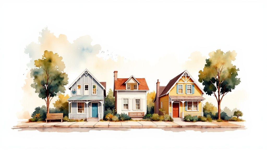 Watercolor illustration of three charming residential houses with trees and sidewalk in neighborhood