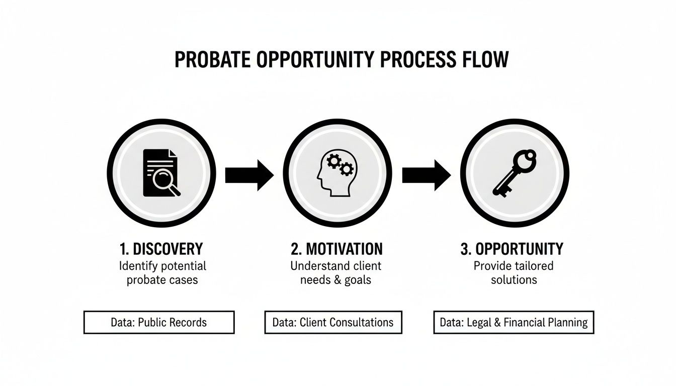 Flowchart illustrating the probate opportunity process, detailing discovery, motivation, and solution steps with data sources.