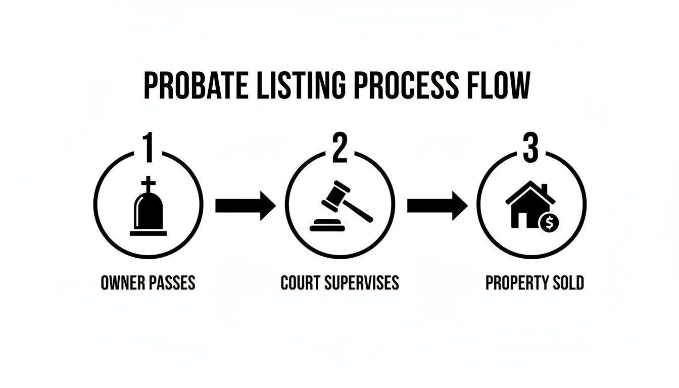 Probate listing process flow diagram showing steps: owner passes, court supervises, and property sold.