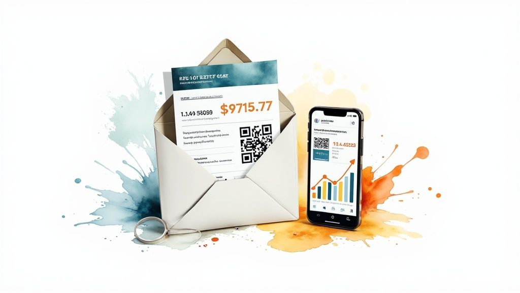 A real estate agent analyzing charts and graphs on a tablet, tracking the ROI of a direct mail campaign.