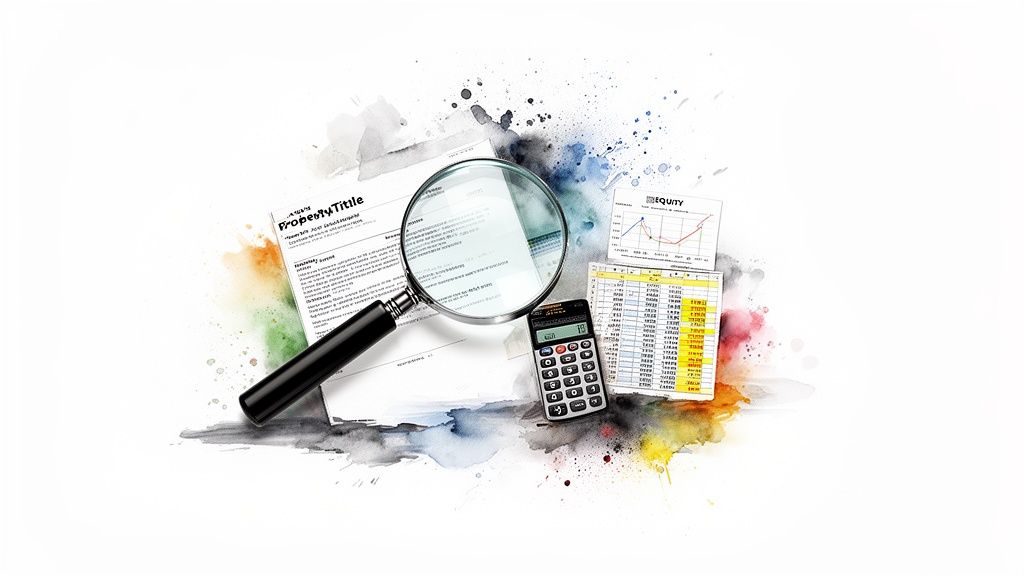 A magnifying glass over a property title document, financial charts, and a calculator.