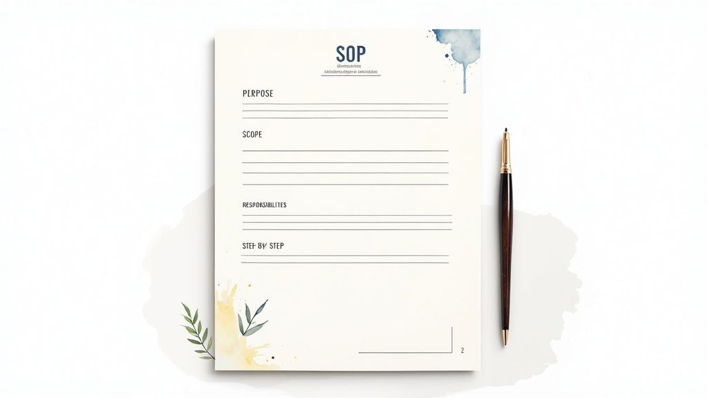 A blank Standard Operating Procedure (SOP) template document with sections for purpose, scope, and steps.