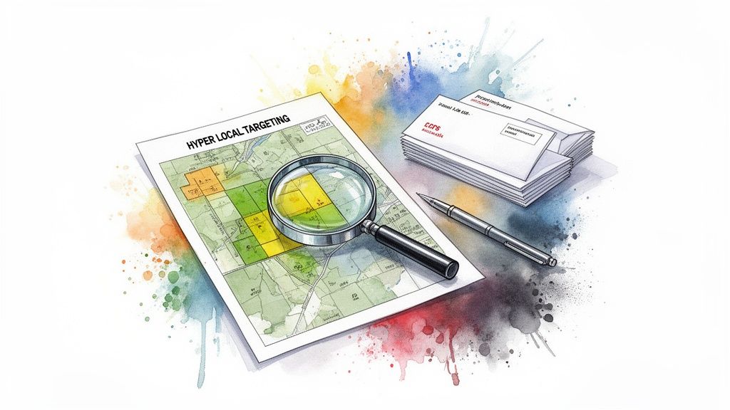 Watercolor illustration of a map for hyper-local real estate targeting, magnifying glass, pen, and direct mail envelopes.