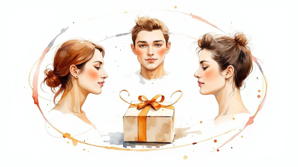 Watercolor illustration of three young people's portraits and a gift box with a ribbon.