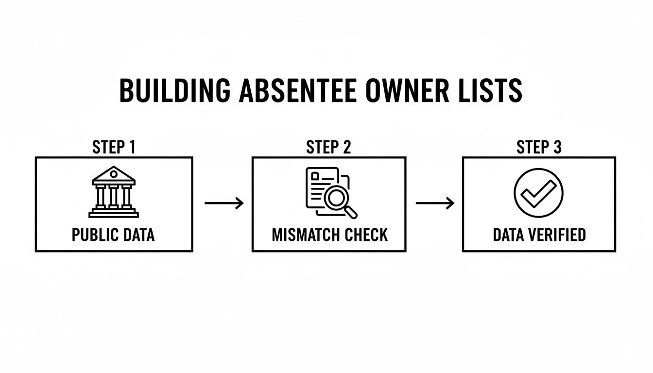 Infographic showing a three-step process for building absentee owner lists.