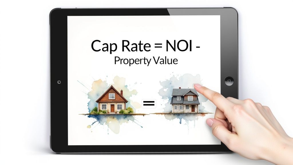 A person's hands pointing at a bar chart on a tablet, with a laptop showing financial data in the background, illustrating data-driven investment decisions.