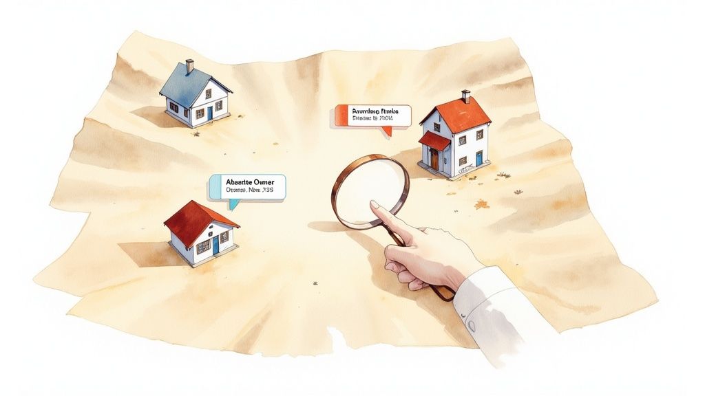Watercolor illustration of a hand using a magnifying glass on a map with houses, indicating absentee owners.