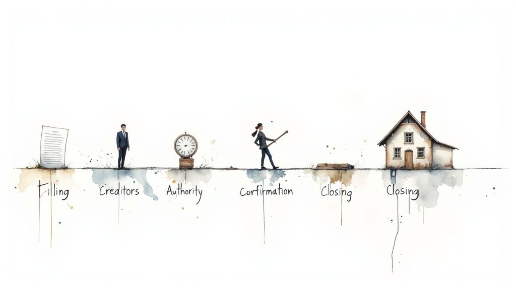 A watercolor illustration depicting a six-step process, from filing documents to property closing, with people and objects.