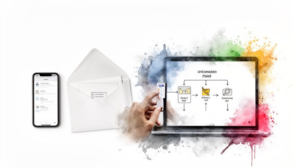 A visual representation of a multi-channel marketing strategy, blending digital and physical outreach.