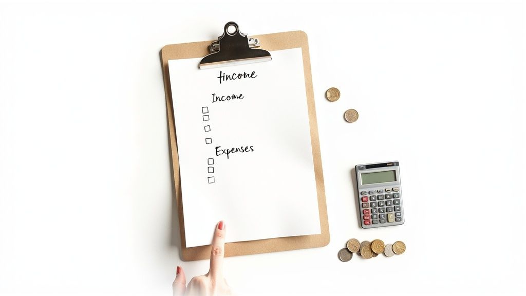 A person's hands using a calculator and reviewing financial documents on a wooden desk