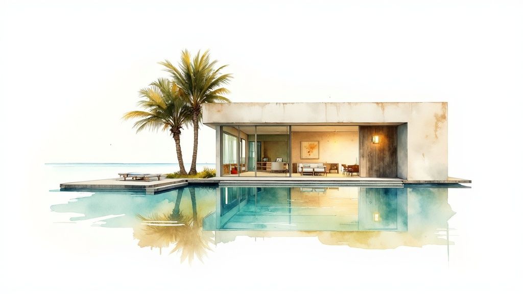 Modern luxury beachfront villa with infinity pool, palm trees, and contemporary glass architecture watercolor illustration
