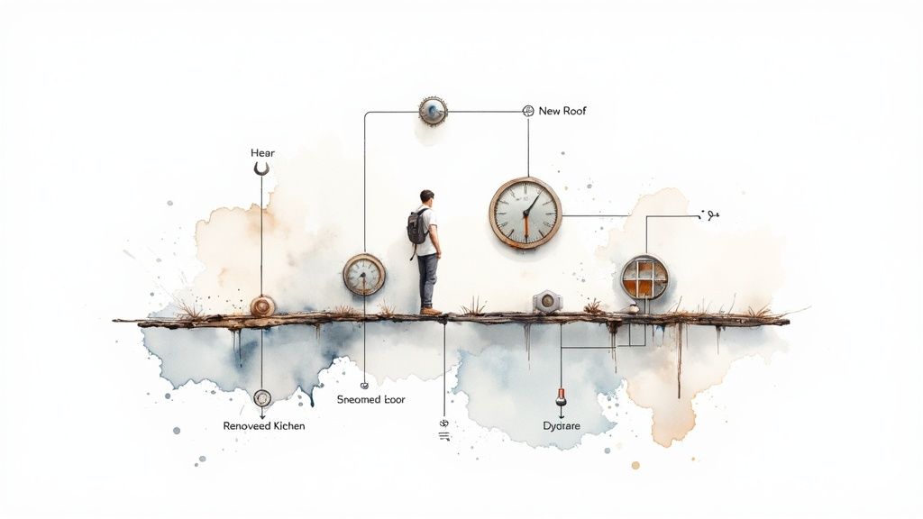 A conceptual real estate journey showing a man connected to clocks, renovations, and property events.