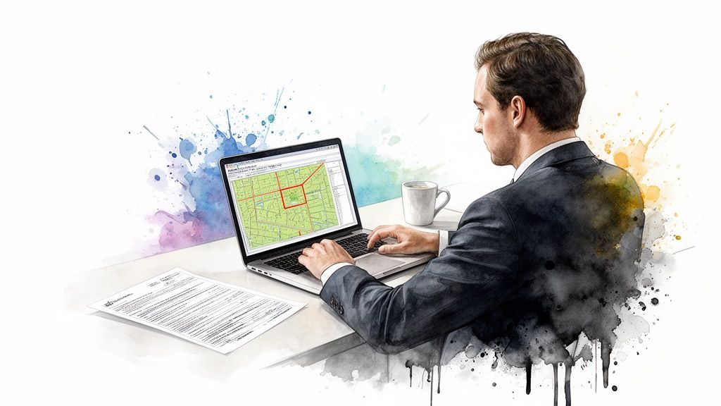 A man in a suit works on a laptop displaying a property map, with documents on the desk.