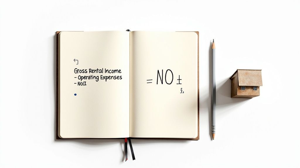 A close-up shot of a calculator displaying numbers on a desk with property blueprints and a pen.