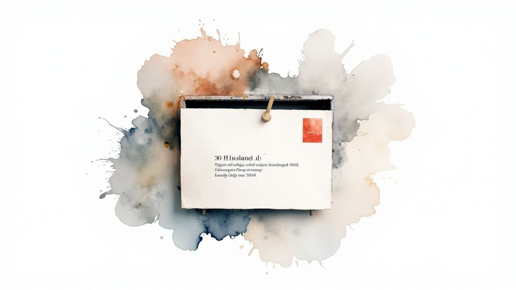 A watercolor painting with abstract splatters framing a note in a metal holder.