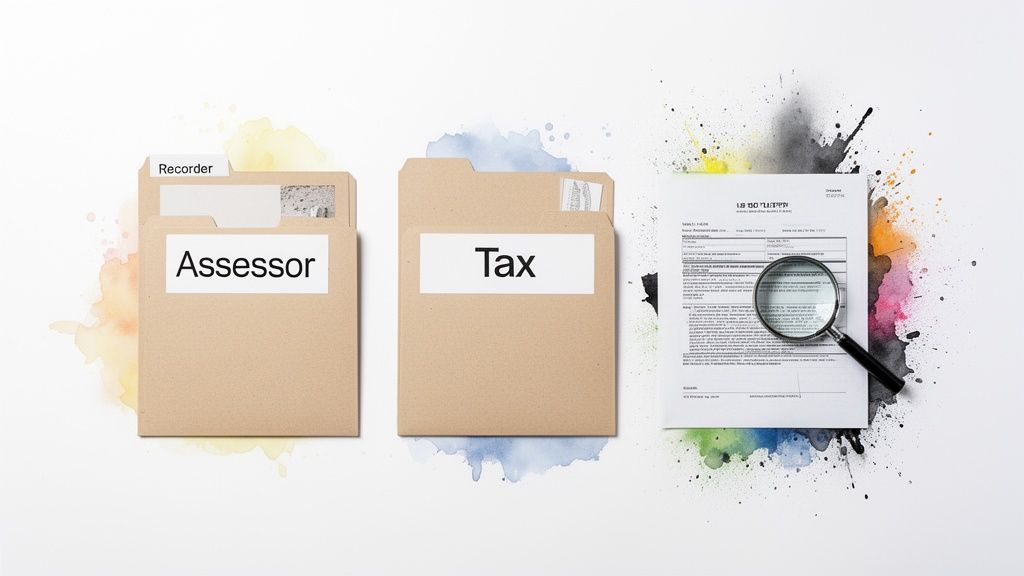 Two folders labeled 'Assessor' and 'Tax' alongside a document with a magnifying glass for property records.