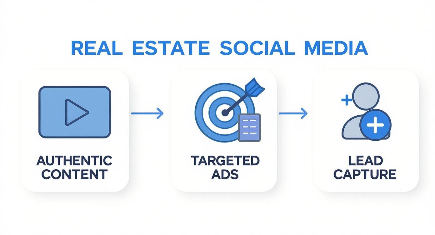 Infographic showing a three-step process to generate real estate leads through social media, starting with authentic content, moving to targeted ads, and ending with lead capture.