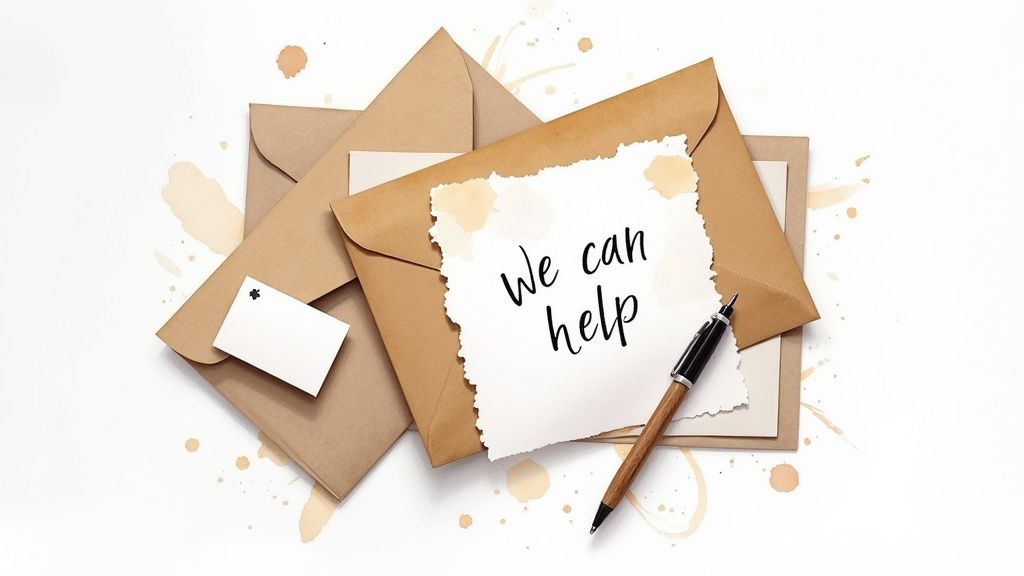 A stack of envelopes and letters on a wooden table, suggesting a direct mail campaign.