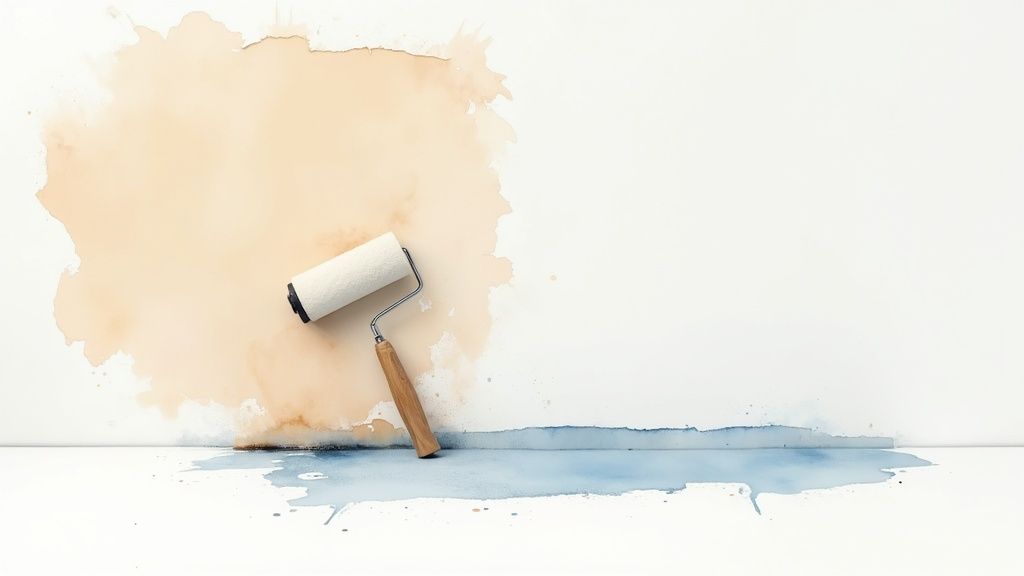 A paint roller on a wall with beige paint, blue paint spilled on a white floor.