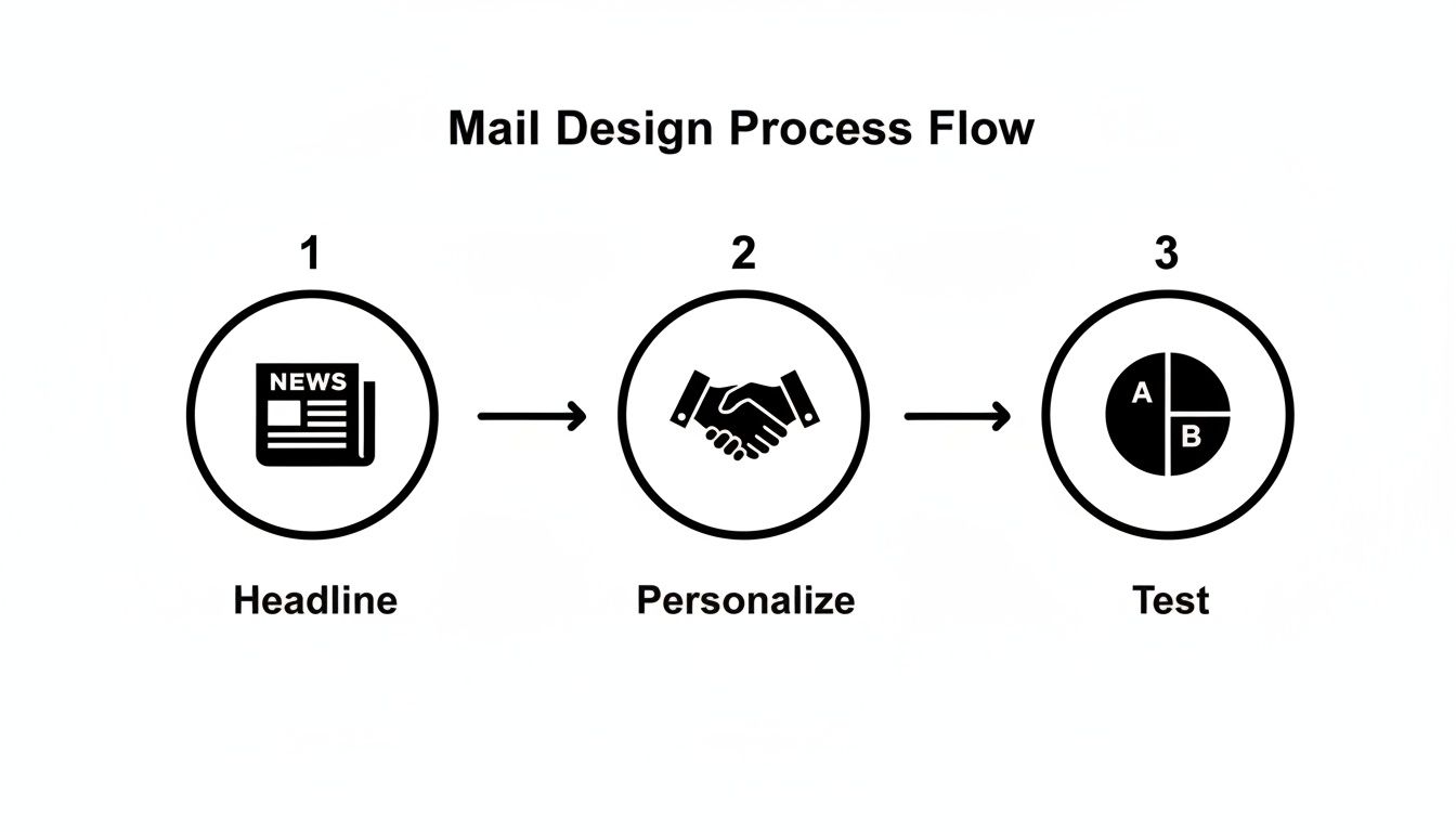 A flowchart illustrating the mail design process, showing steps for headline, personalization, and testing.