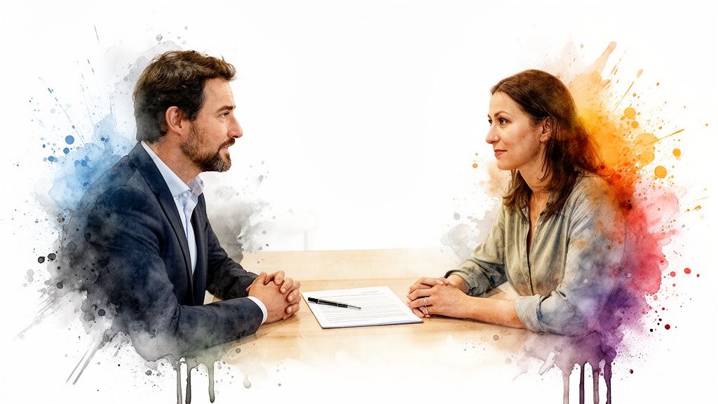 Two professionals, a man and a woman, discuss a document at a table, facing each other.
