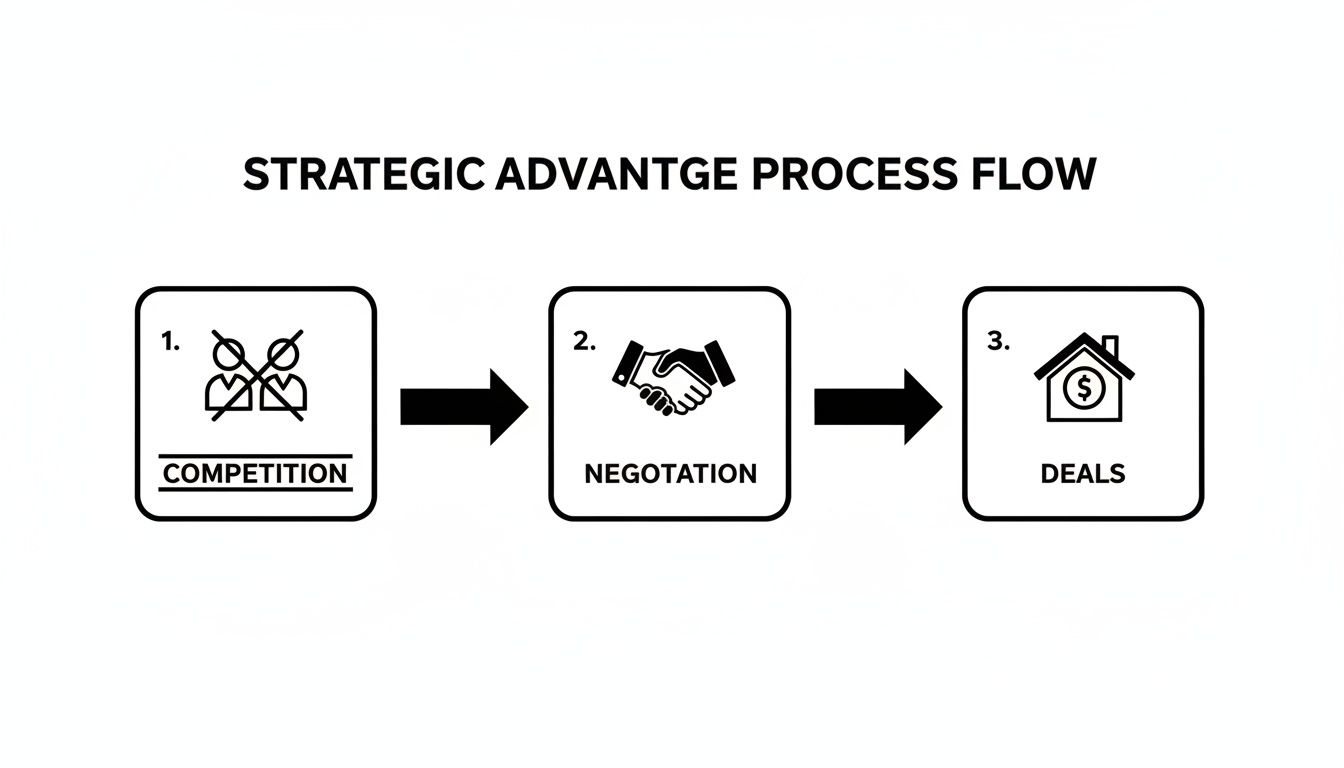 A strategic advantage process flow illustrating steps from competition to negotiation and deals.