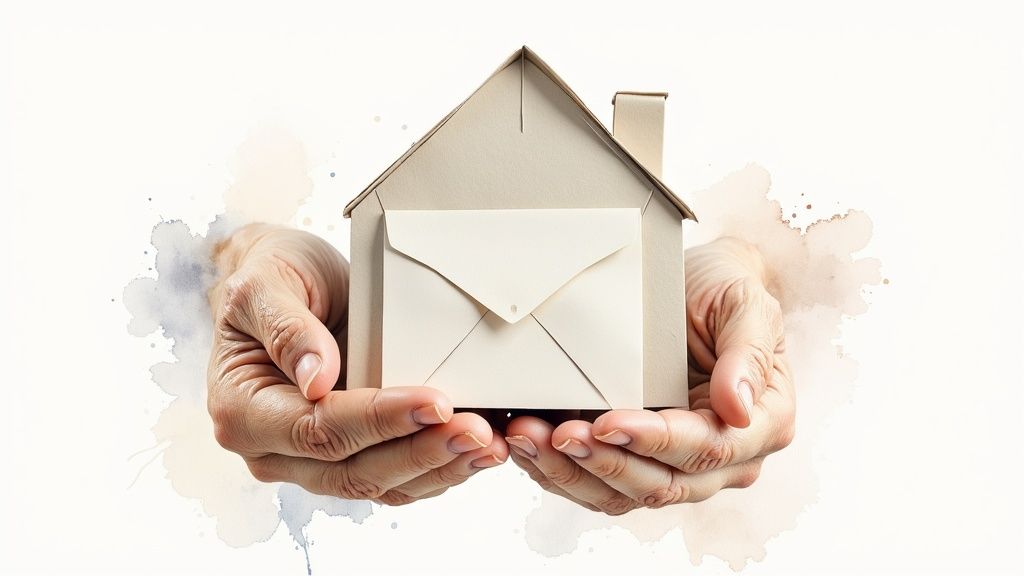 Two hands gently hold a small paper house with a white envelope, symbolizing home communication.