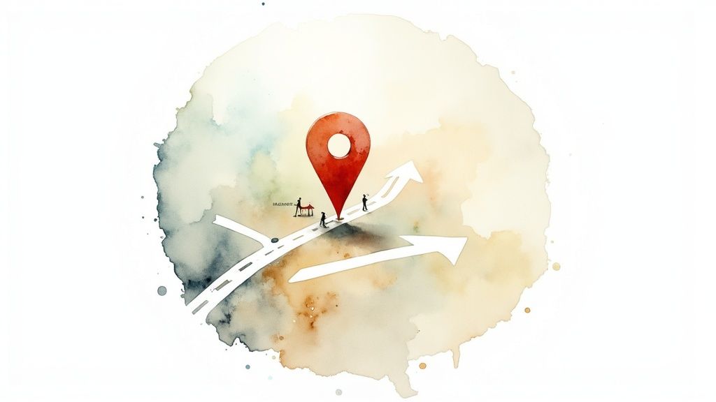 Watercolor illustration of a red map pin on a branching road with tiny figures, symbolizing journey and choice.