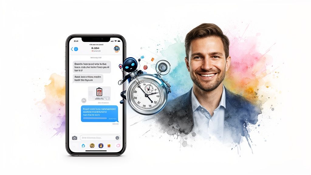 A smiling man next to a smartphone showing chat messages, a robot on a stopwatch, and colorful splashes.