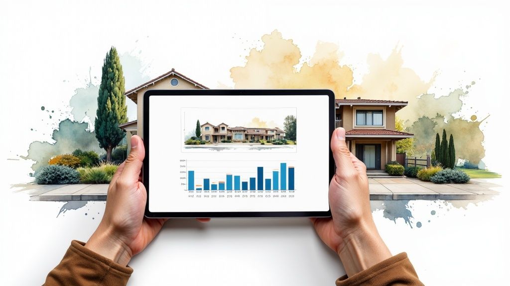 A real estate agent showing a couple a property on a tablet with predictive analytics charts overlaid.
