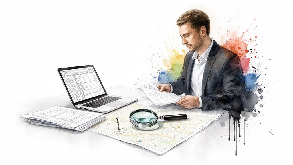 A man in a suit analyzes documents at a desk with a laptop, map, and magnifying glass, surrounded by colorful splashes.