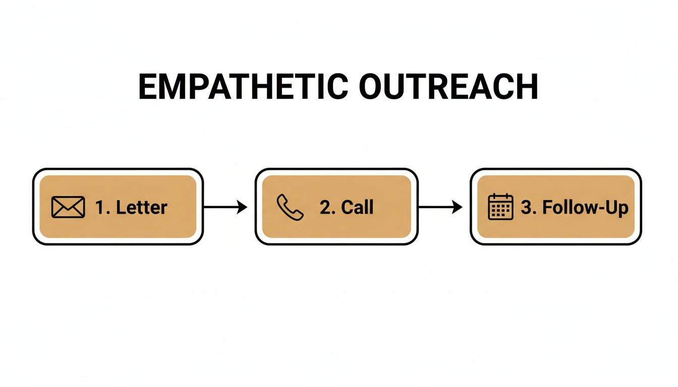 Flowchart detailing the empathetic outreach process, including steps for letter, call, and follow-up.