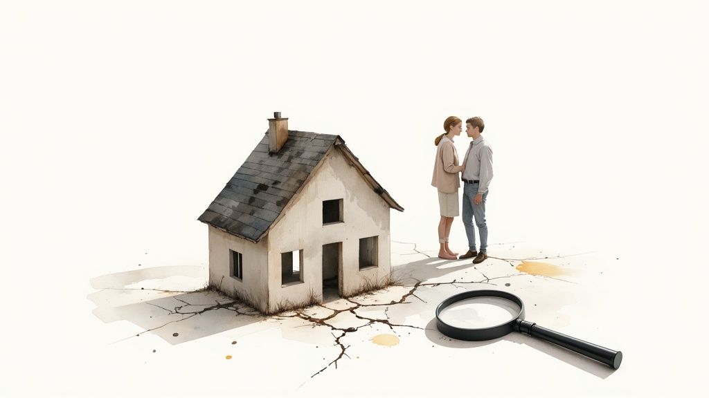 Watercolor illustration of a couple standing near a cracked house model with a magnifying glass.