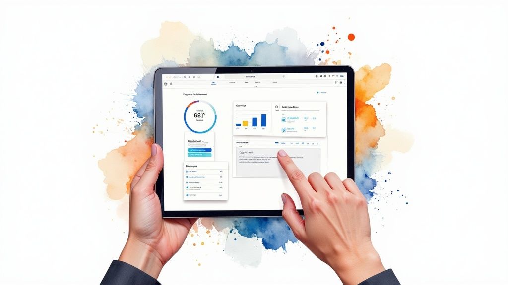 A real estate agent thoughtfully answers client questions in a modern office setting.